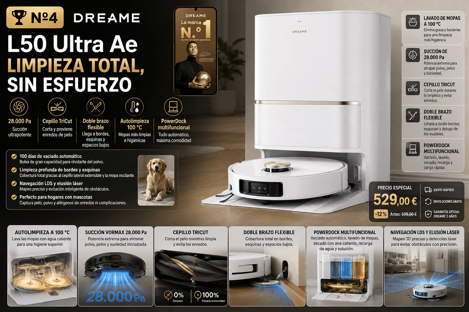 Dreame L50 Ultra, robot aspirador y fregasuelos con lavado de mopas en caliente