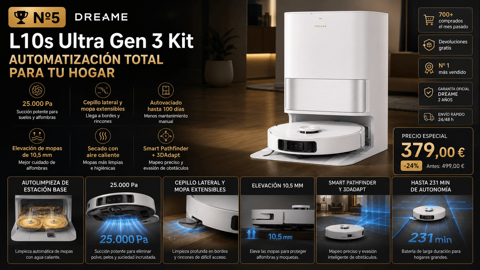 Dreame L10s Ultra Gen 3, uno de los mejores robots aspiradores para hogares con mascotas