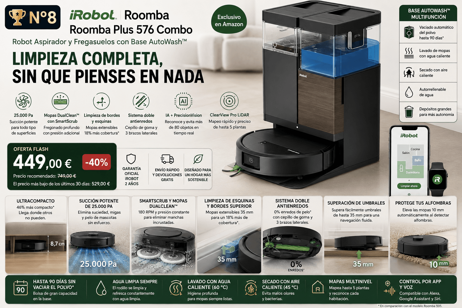 iRobot Roomba Plus 576 Combo, robot aspirador con base que lava la mopa