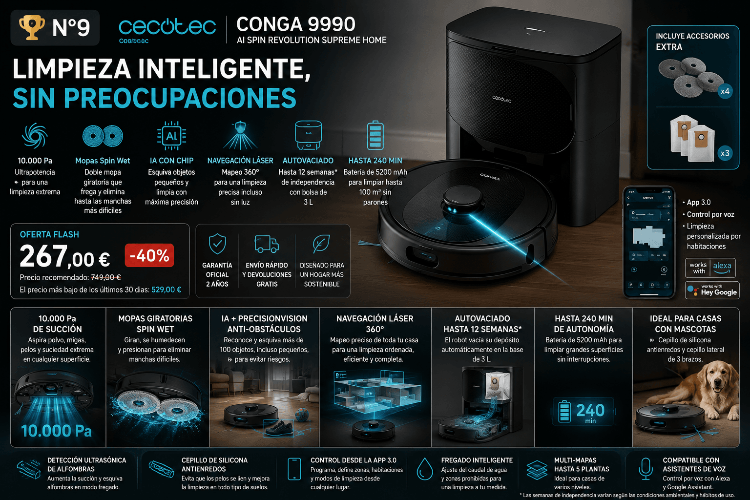 Cecotec Conga 9990 AI Spin Revolution Supreme, robot aspirador de marca española con autovaciado