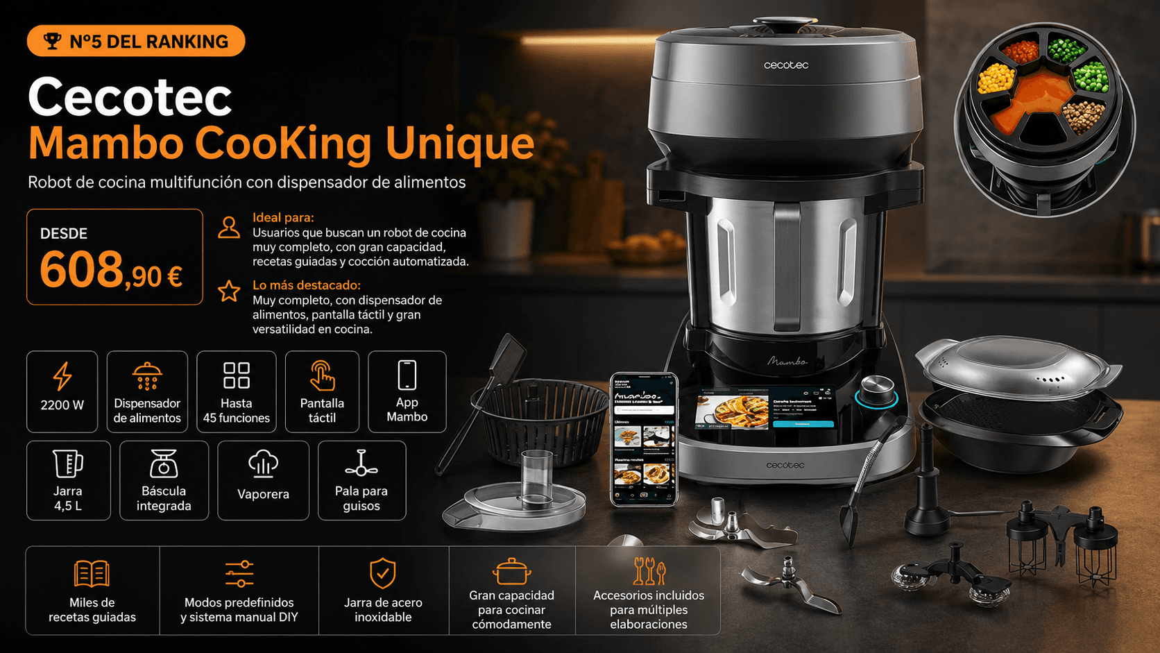 Cecotec Mambo CooKing Unique, robot de cocina con jarra XL
