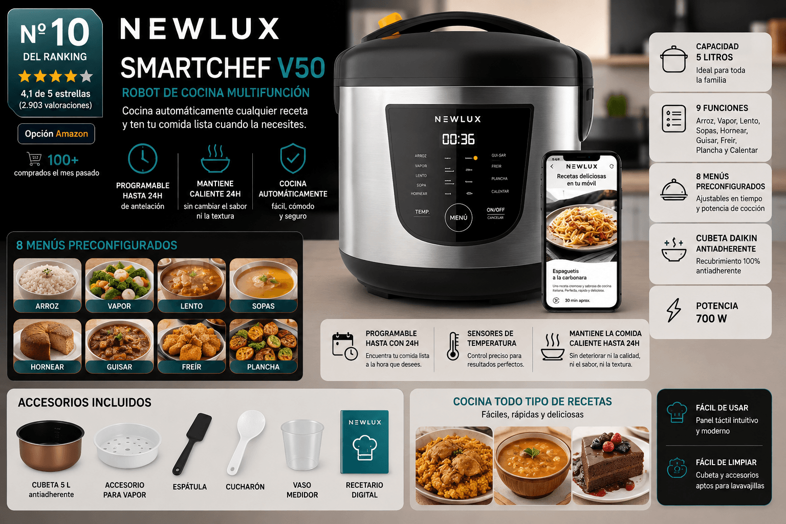 Newlux SmartChef V50, robot de cocina multifunción económico para empezar
