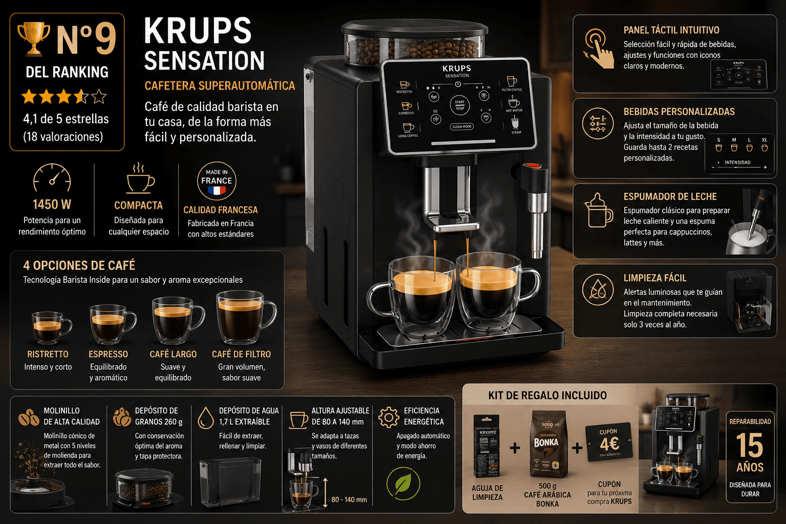 Krups Sensation, cafetera superautomática con espumador de vapor
