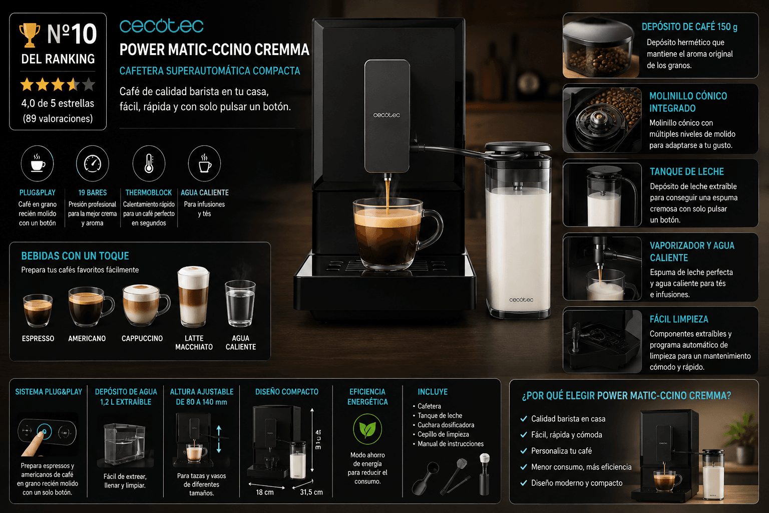 Cecotec Power Matic-ccino Cremma, cafetera superautomática con jarra de leche económica
