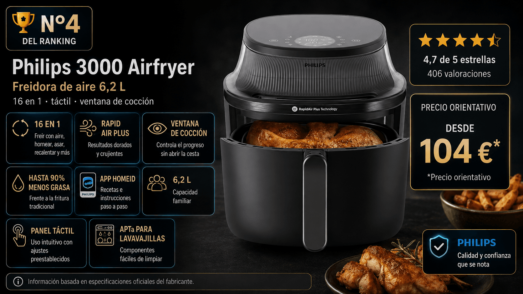 Philips 3000 Airfryer 6,2L, mejor marca y posventa en la comparativa de las mejores freidoras de aire de 2026 (Nota Rankiko 9,0)