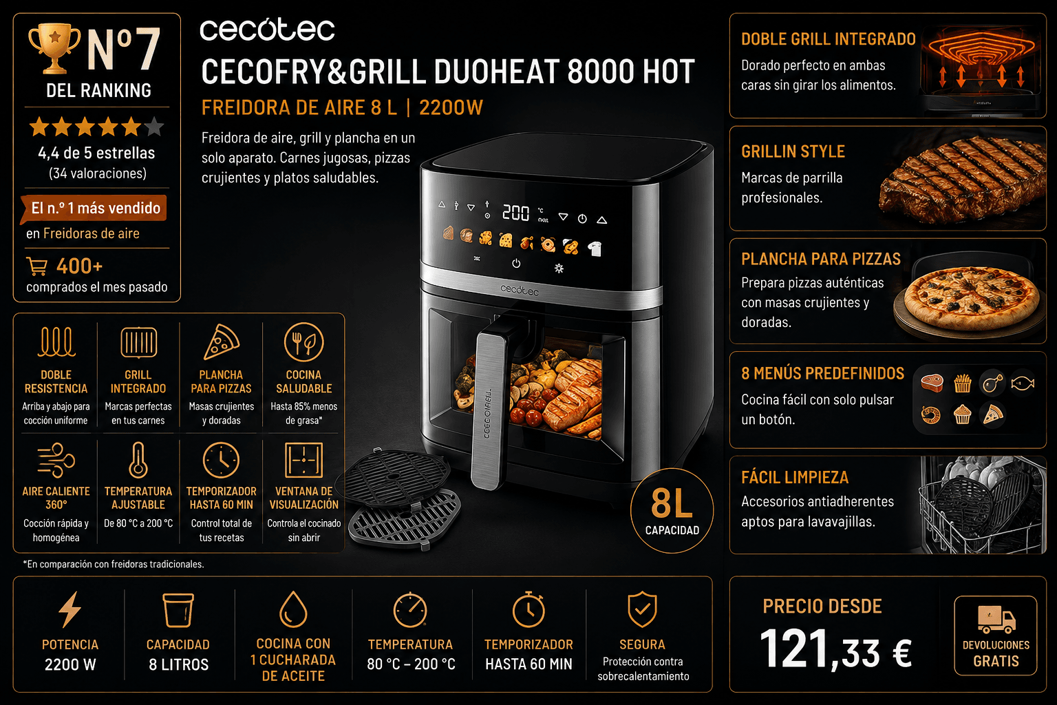 Cosori Turbo Tower 10,8L (doble cesta vertical), mejor doble cesta vertical en la comparativa de las mejores freidoras de aire de 2026 (Nota Rankiko 8,7)