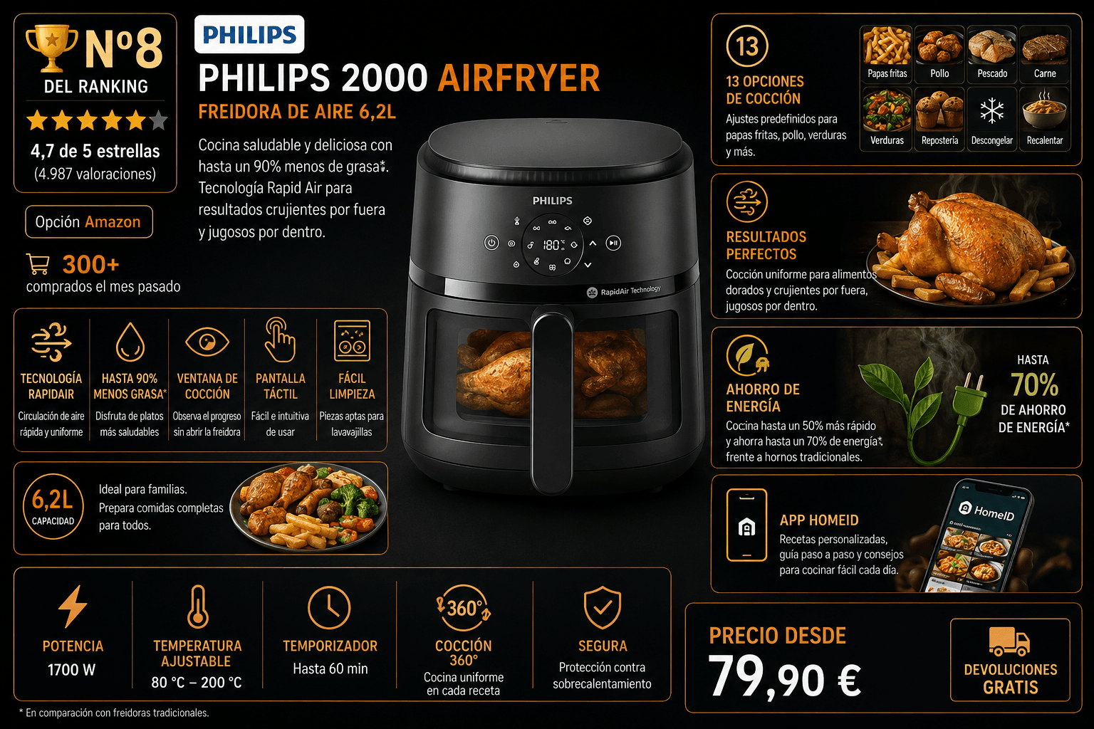 Ninja CRISPi 3,8L portatil, mejor compacta para 1-2 personas en la comparativa de las mejores freidoras de aire de 2026 (Nota Rankiko 8,5)