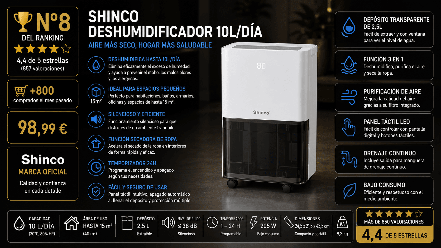 SHINCO Deshumidificador 10L/dia Silencioso, mejor para dormitorio en la comparativa de los mejores deshumidificadores de 2026 (Nota Rankiko 8,4)