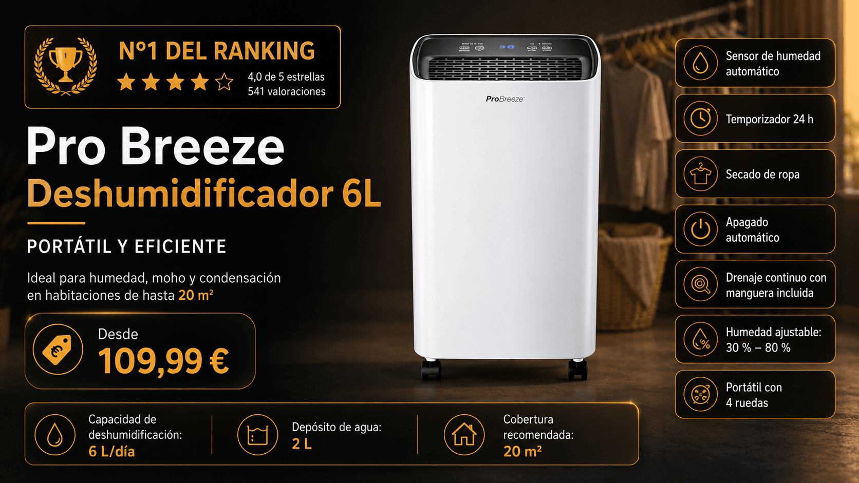 Pro Breeze Deshumidificador 20L Antihumedad, mejor en general en la comparativa de los mejores deshumidificadores de 2026 (Nota Rankiko 9,4)