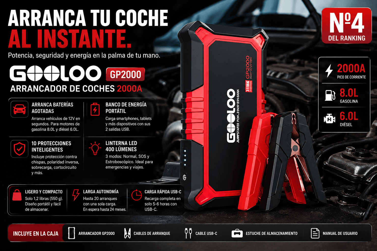 GOOLOO GP2000 (2000 A), mejor calidad-precio en la comparativa de los mejores arrancadores de batería para coche de 2026 (Nota Rankiko 9,0)