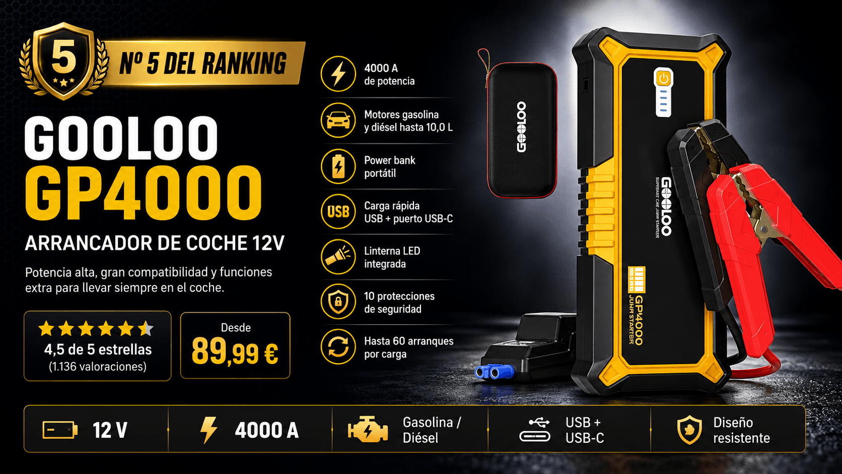 GOOLOO 4000A Jump Starter, mejor alta potencia calidad-precio en la comparativa de los mejores arrancadores de batería para coche de 2026 (Nota Rankiko 8,9)