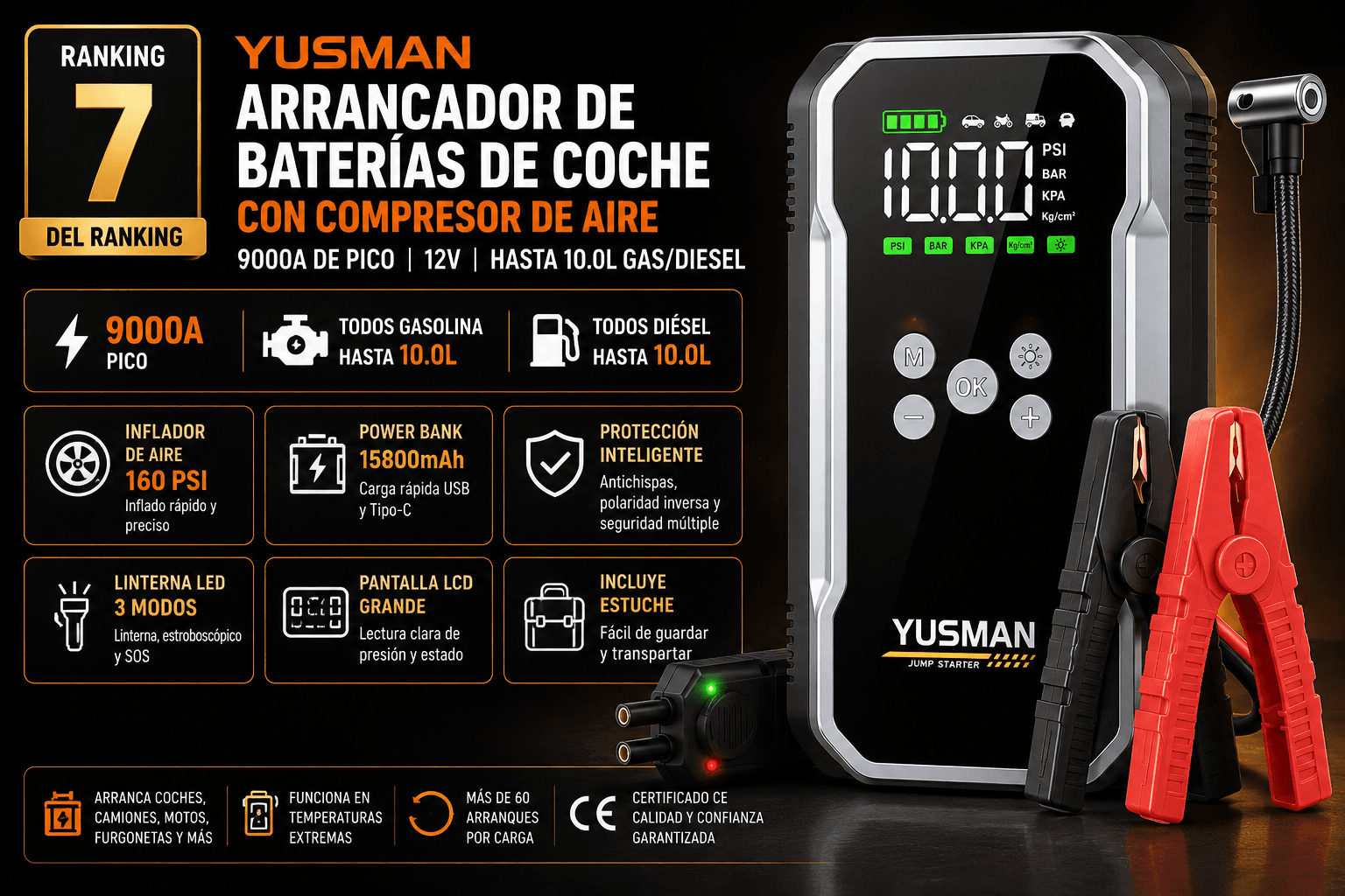 YUSMAN Arrancador con compresor de aire, mejor 2-en-1 económico en la comparativa de los mejores arrancadores de batería para coche de 2026 (Nota Rankiko 8,7)