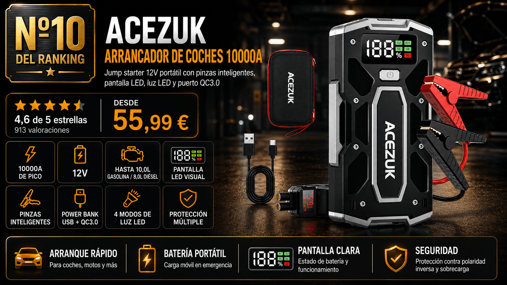 ACEZUK Arrancador de coches (10000 A pico), mejor opción económica en la comparativa de los mejores arrancadores de batería para coche de 2026 (Nota Rankiko 8,3)