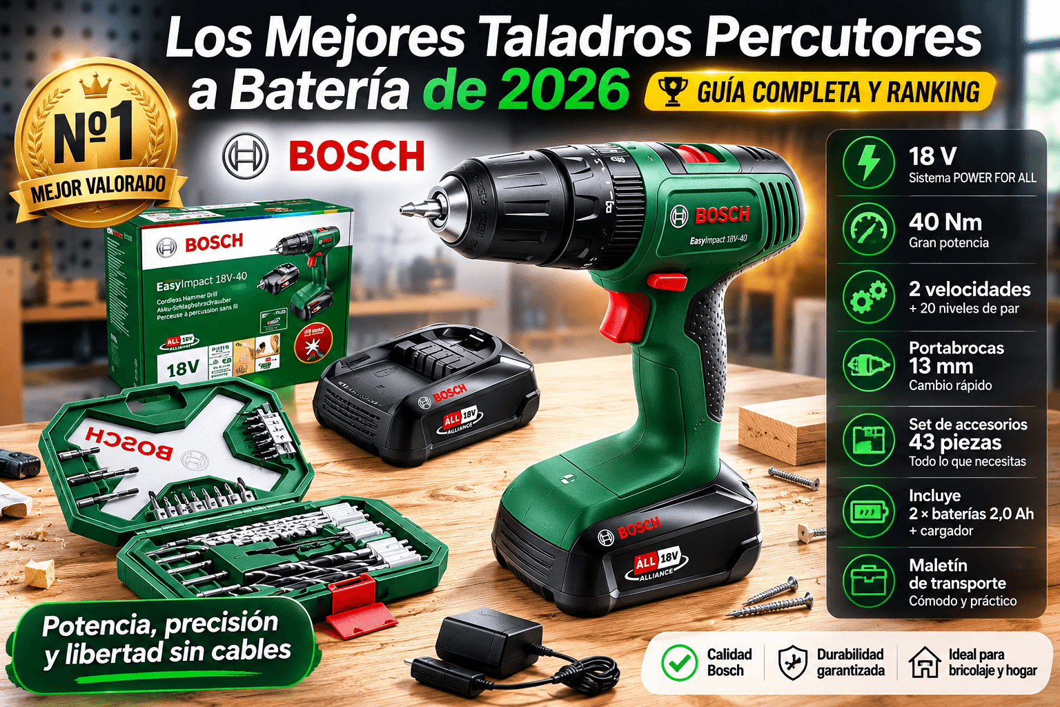 Bosch EasyImpact 18V-40 (2 baterías), mejor en general en la comparativa de los mejores taladros percutores a batería de 2026 (Nota Rankiko 9,4)