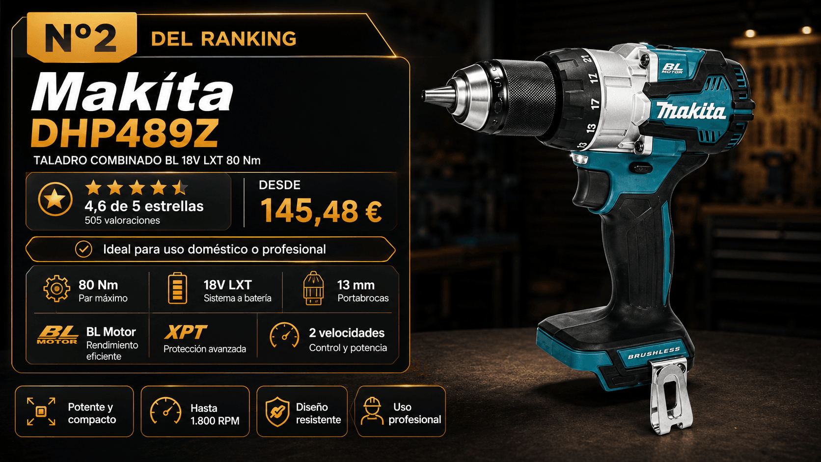 Makita DHP489Z Combi Brushless 18V LXT 80 Nm (solo herramienta), mejor profesional (brushless) en la comparativa de los mejores taladros percutores a batería de 2026 (Nota Rankiko 9,2)