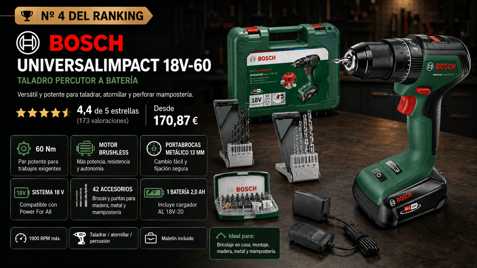 Bosch UniversalImpact 18V-60, mejor doméstico potente en la comparativa de los mejores taladros percutores a batería de 2026 (Nota Rankiko 9,0)