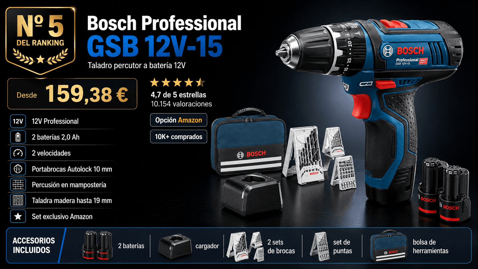 Bosch Professional GSB 12V (con baterías), mejor compacto profesional (12v) en la comparativa de los mejores taladros percutores a batería de 2026 (Nota Rankiko 8,9)