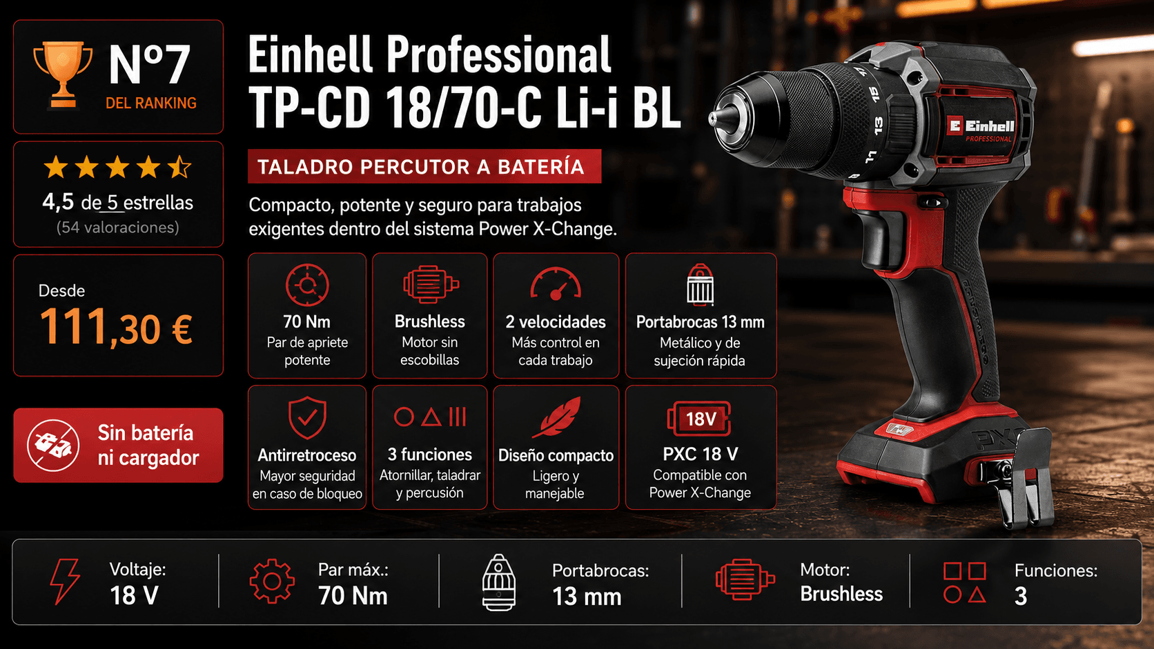 Einhell Professional TP-CD 18V (con batería), mejor brushless calidad-precio en la comparativa de los mejores taladros percutores a batería de 2026 (Nota Rankiko 8,7)