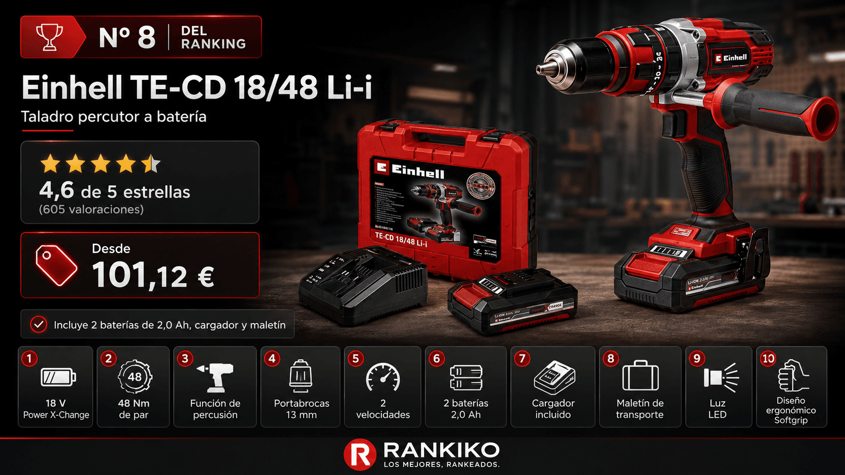 Einhell TE-CD 18 Kit (con batería y accesorios), mejor kit con accesorios en la comparativa de los mejores taladros percutores a batería de 2026 (Nota Rankiko 8,5)