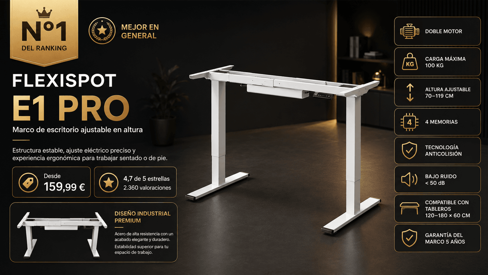 FlexiSpot E1 Pro Escritorio Elevable Eléctrico (doble motor), mejor en general en la comparativa de los mejores escritorios elevables de 2026 (Nota Rankiko 9,4)