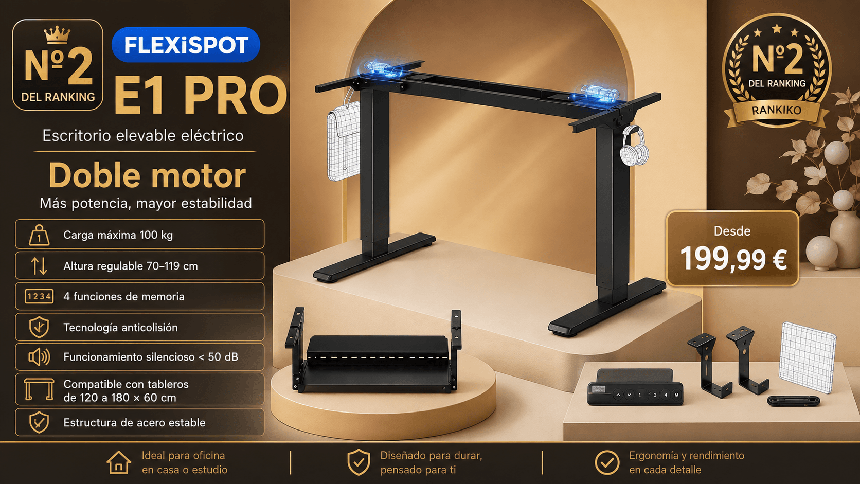 FlexiSpot Escritorio Elevable Eléctrico con 2 Motores, mejor por estabilidad (doble motor) en la comparativa de los mejores escritorios elevables de 2026 (Nota Rankiko 9,2)