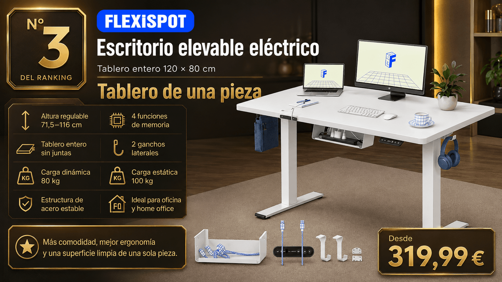 FlexiSpot Escritorio Elevable Eléctrico con Tablero Entero, mejor premium (con tablero incluido) en la comparativa de los mejores escritorios elevables de 2026 (Nota Rankiko 9,1)