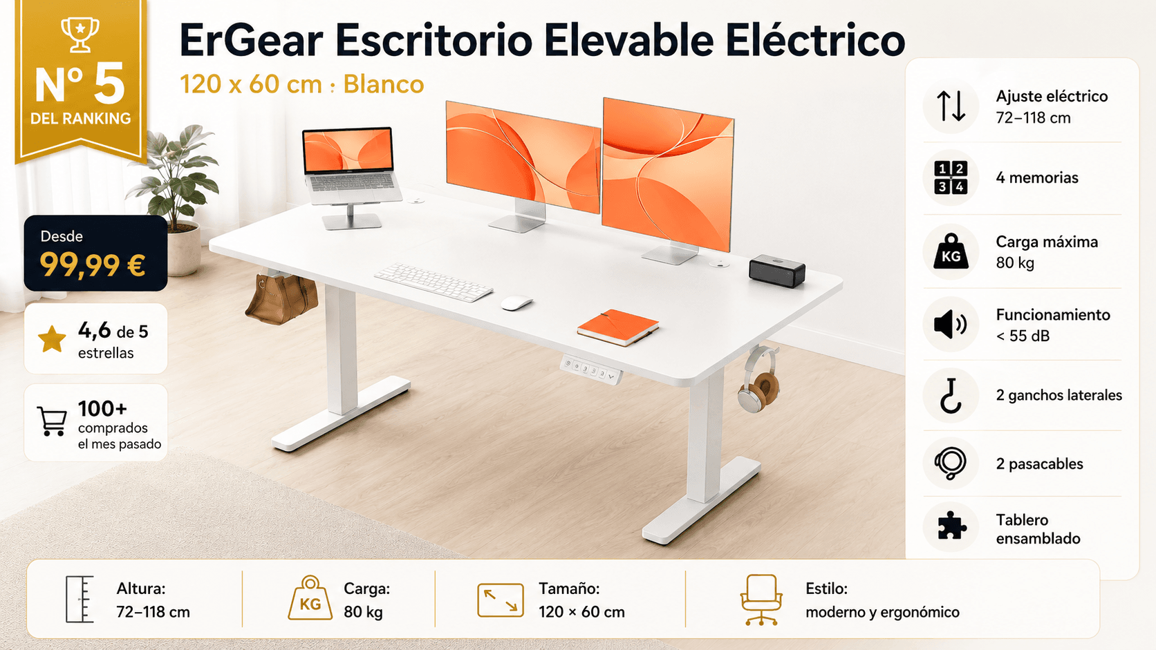 ErGear Escritorio Elevable Eléctrico 120x60 cm, mejor calidad-precio en la comparativa de los mejores escritorios elevables de 2026 (Nota Rankiko 8,9)