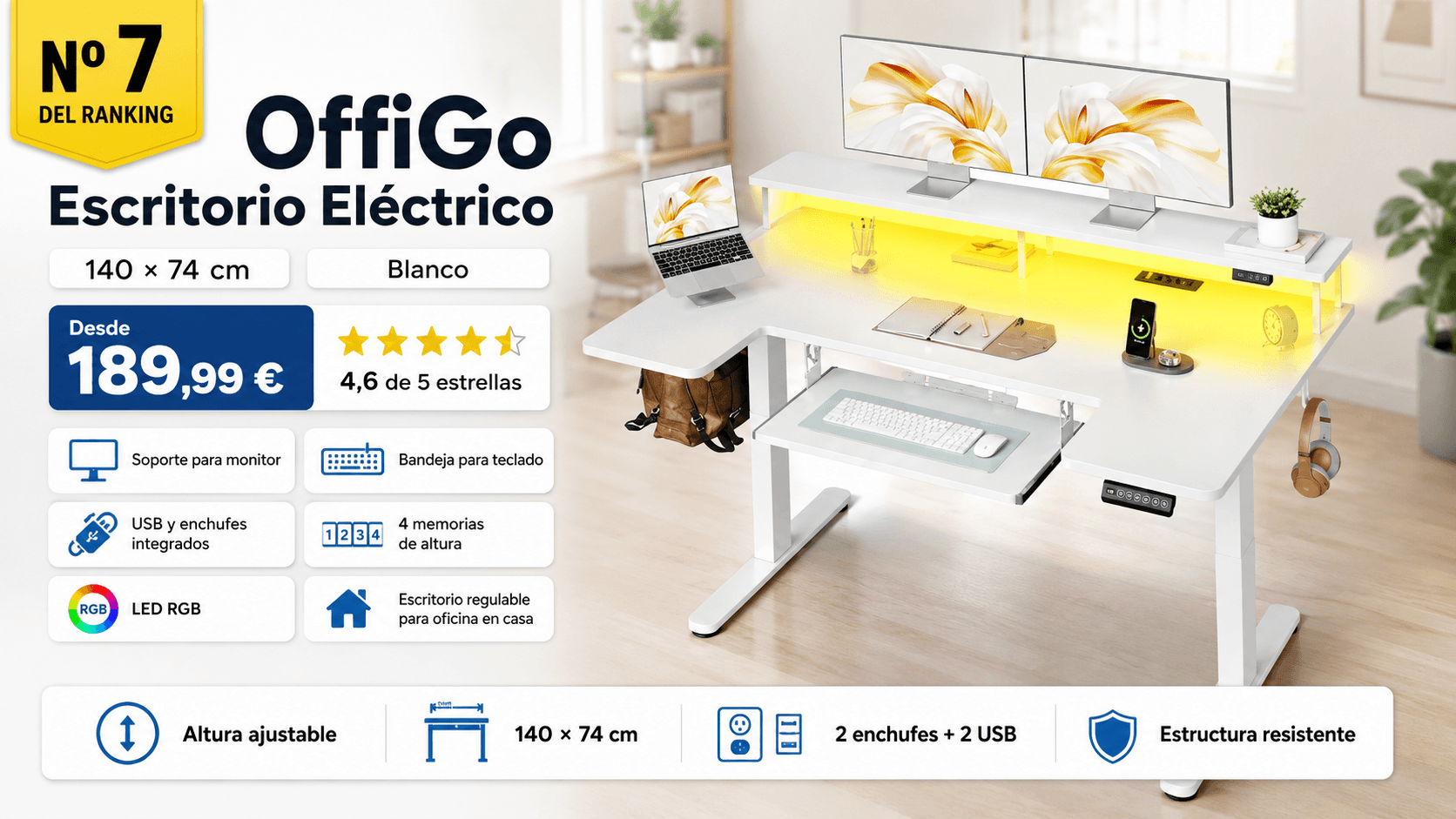 OffiGo Escritorio Eléctrico con Soporte de Monitor 140x74 cm, mejor para setup con monitor en la comparativa de los mejores escritorios elevables de 2026 (Nota Rankiko 8,6)