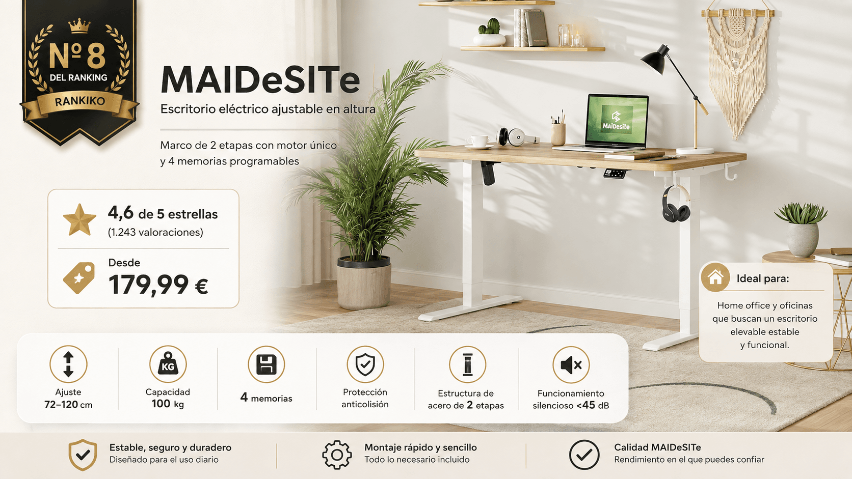 MAIDeSITe Escritorio Elevable Eléctrico Ajustable, mejor alternativa de marca especialista en la comparativa de los mejores escritorios elevables de 2026 (Nota Rankiko 8,5)