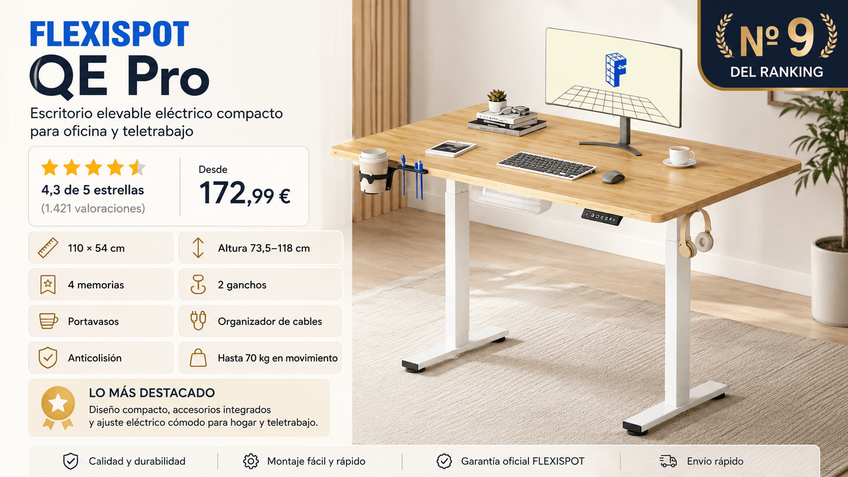 FlexiSpot QE Pro Escritorio Elevable 110x54 cm, mejor para espacios pequeños en la comparativa de los mejores escritorios elevables de 2026 (Nota Rankiko 8,3)