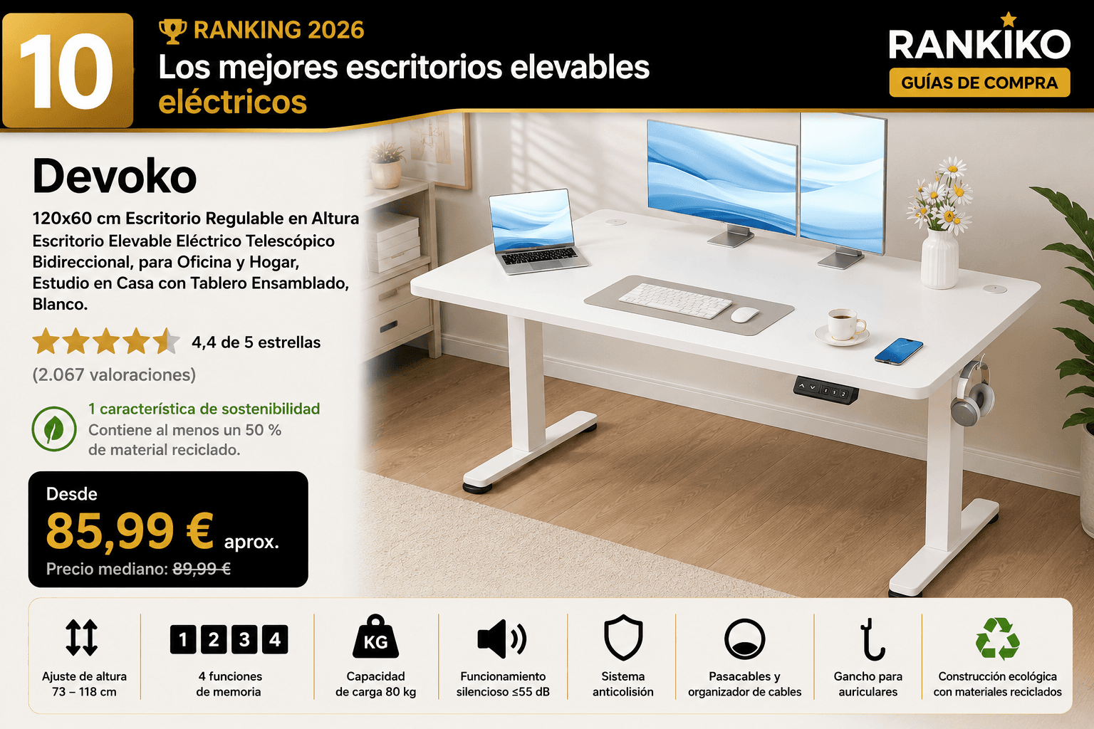Devoko Escritorio Regulable en Altura 120x60 cm, mejor opción de entrada en la comparativa de los mejores escritorios elevables de 2026 (Nota Rankiko 8,1)