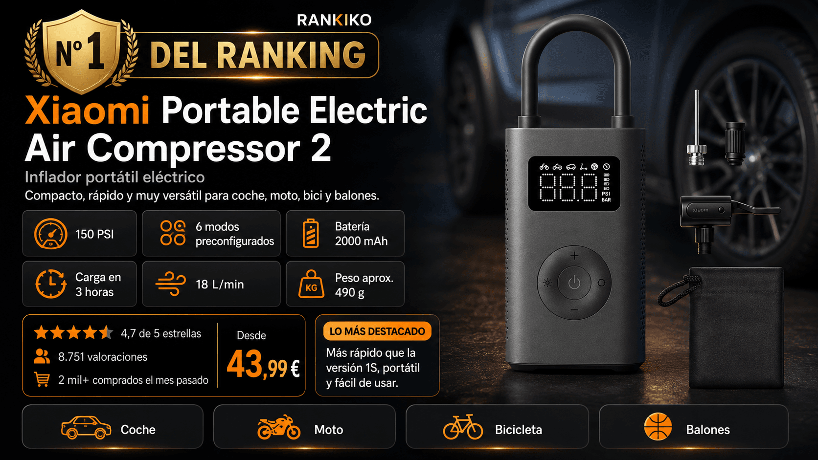 Xiaomi Portable Air Compressor 2, mejor en general en la comparativa de los mejores compresores de aire portátiles para coche de 2026 (Nota Rankiko 9,4)