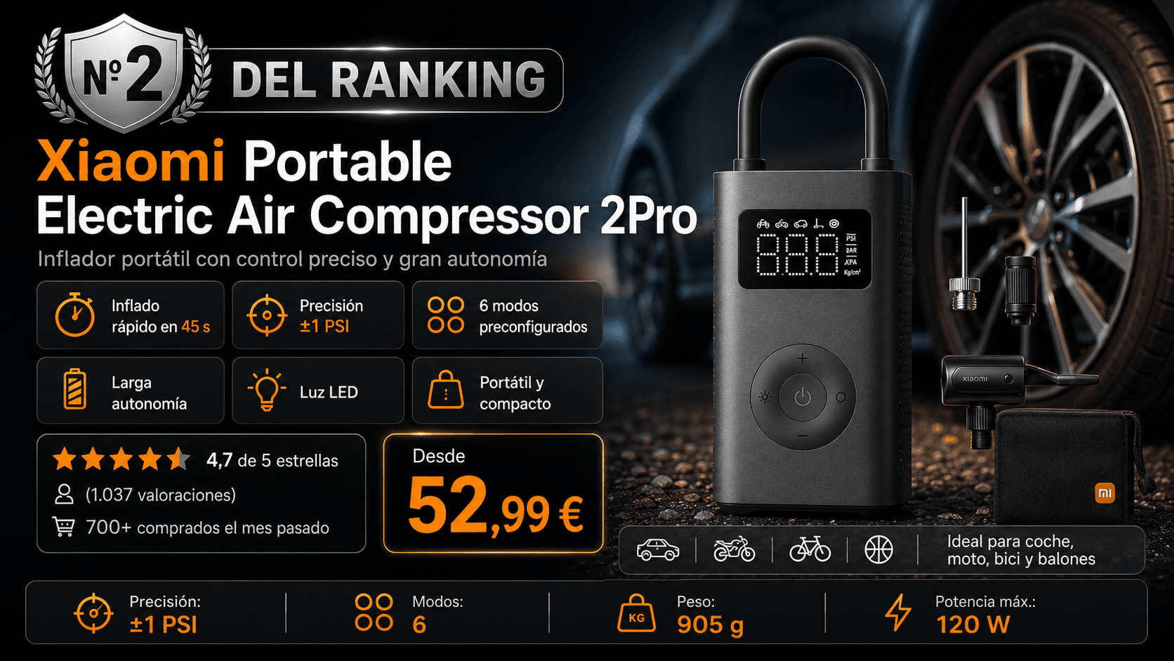Xiaomi Portable Air Compressor 2 Pro, mejor premium en la comparativa de los mejores compresores de aire portátiles para coche de 2026 (Nota Rankiko 9,2)