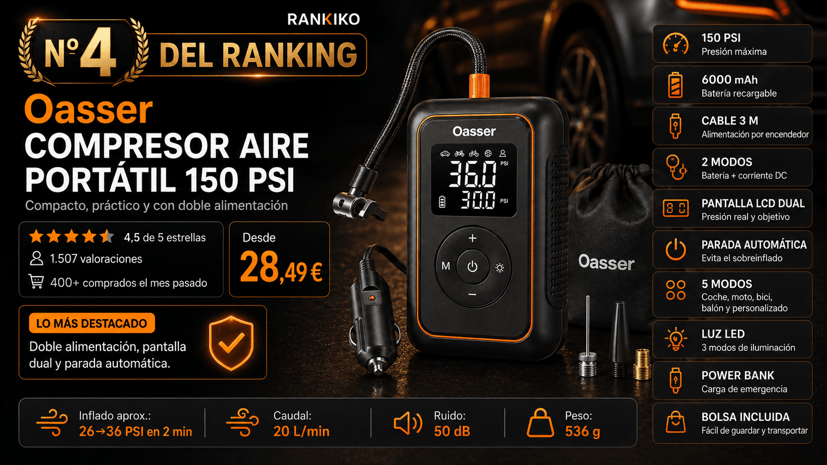 Oasser Compresor Portátil 6000 mAh 150 PSI, mejor calidad-precio en la comparativa de los mejores compresores de aire portátiles para coche de 2026 (Nota Rankiko 9,0)