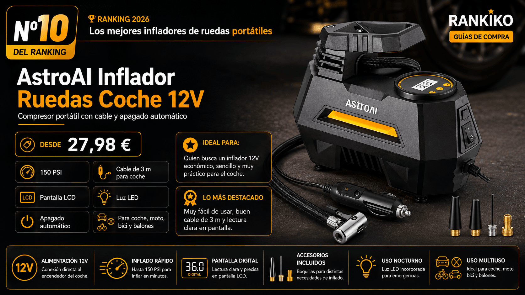 AstroAI Inflador Ruedas Coche 12V (inflado rápido), mejor 12v para suv y furgoneta en la comparativa de los mejores compresores de aire portátiles para coche de 2026 (Nota Rankiko 8,2)
