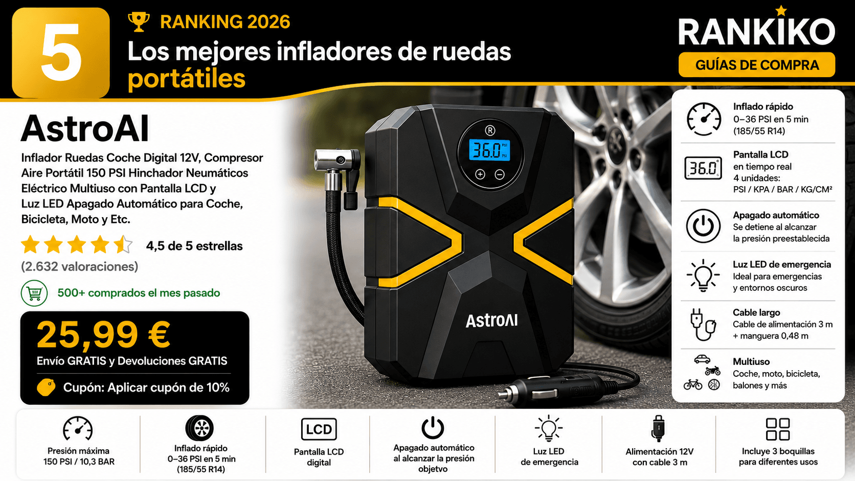AstroAI Inflador Ruedas Coche Digital 12V, mejor 12v con cable en la comparativa de los mejores compresores de aire portátiles para coche de 2026 (Nota Rankiko 8,7)