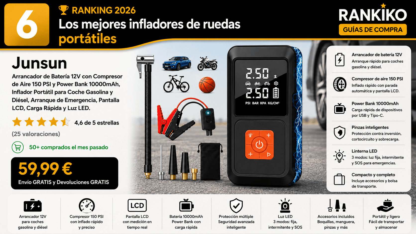 Junsun Arrancador 12V con Compresor de Aire, mejor 2-en-1 con arrancador en la comparativa de los mejores compresores de aire portátiles para coche de 2026 (Nota Rankiko 8,6)