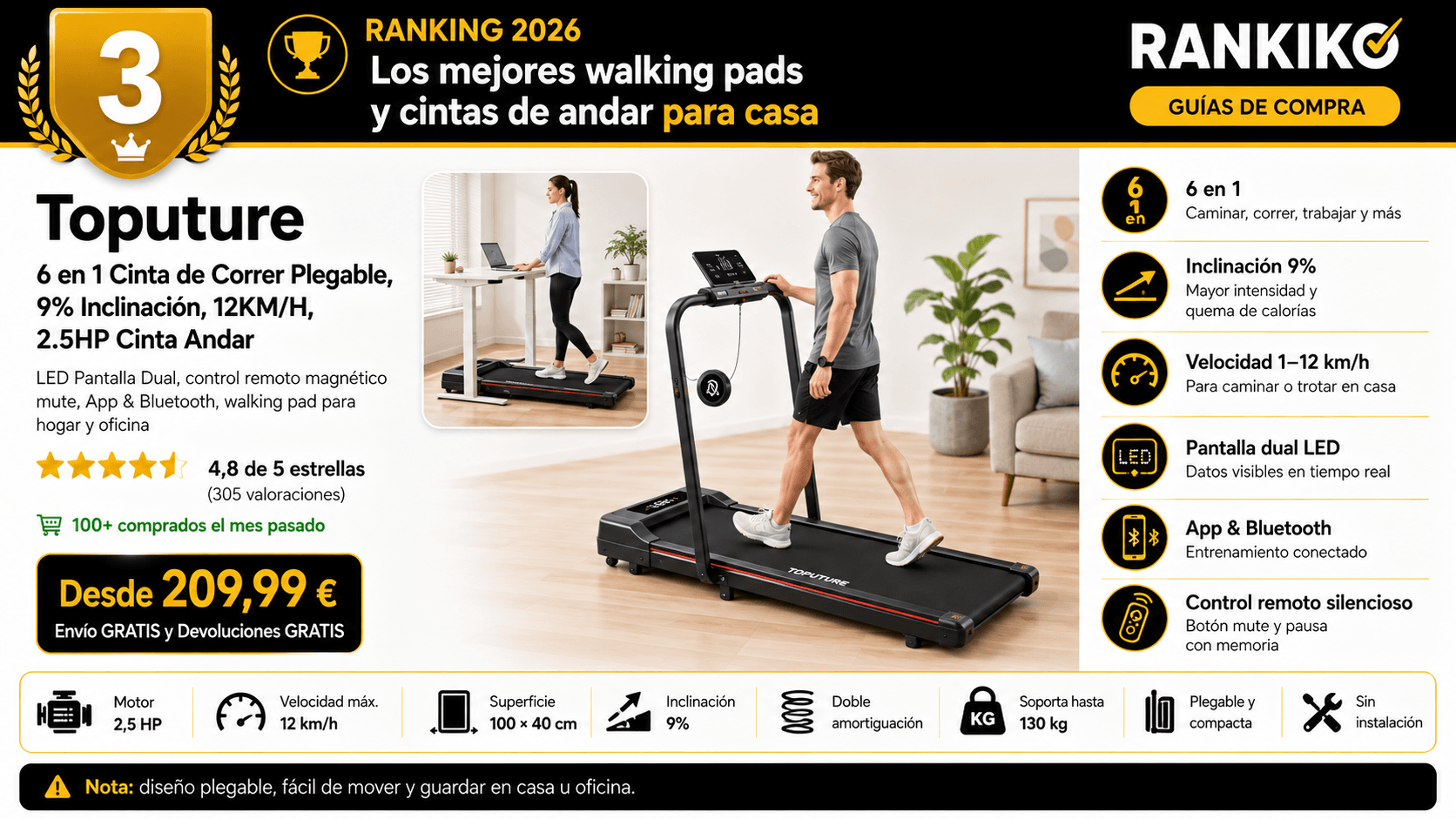 Cinta 6 en 1 plegable con inclinación 9% y pasamanos (12 km/h), mejor con inclinación y pasamanos en la comparativa de las mejores cintas de andar y walking pads de 2026 (Nota Rankiko 9,1)