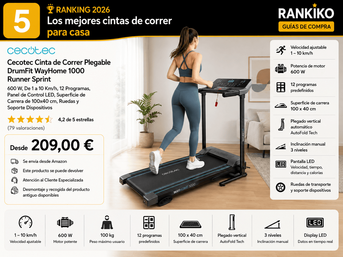 Cecotec DrumFit WayHome (plegable), mejor marca española en la comparativa de las mejores cintas de andar y walking pads de 2026 (Nota Rankiko 8,8)