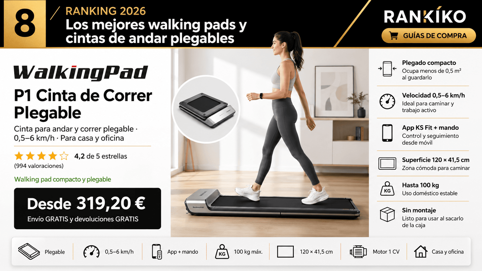 WalkingPad P1 (KingSmith) plegable, mejor ultracompacta para guardar en la comparativa de las mejores cintas de andar y walking pads de 2026 (Nota Rankiko 8,5)