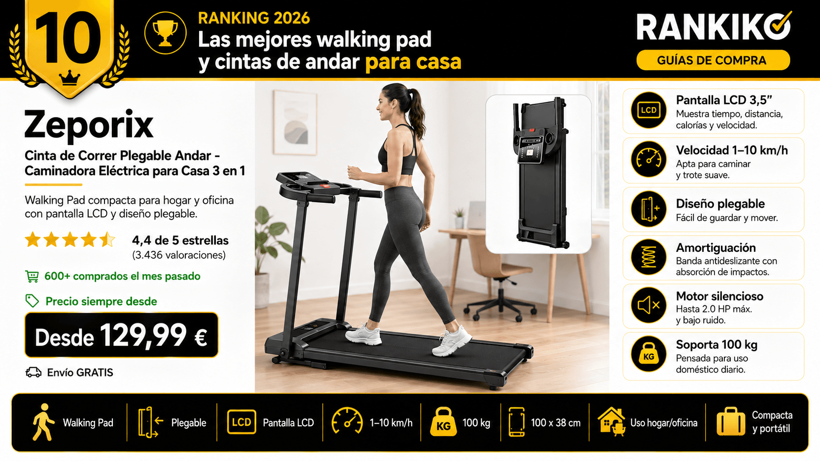 Cinta de Correr Plegable para Andar, mejor opción de entrada plegable en la comparativa de las mejores cintas de andar y walking pads de 2026 (Nota Rankiko 8,1)