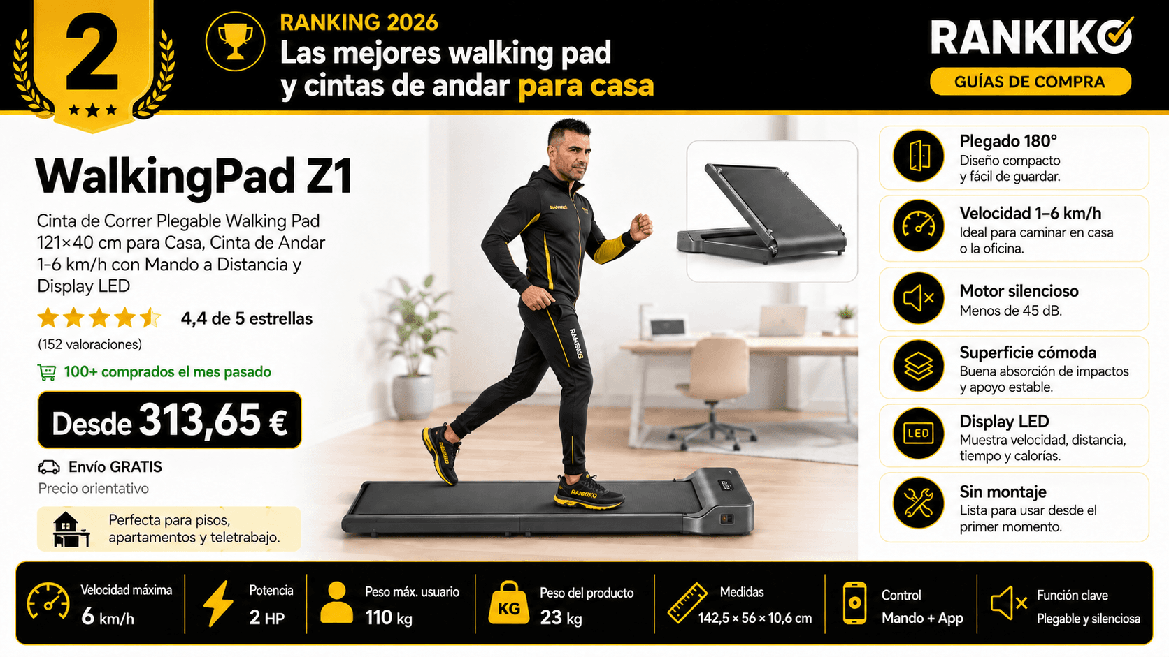 WalkingPad Z1 (KingSmith) plegable, mejor premium en la comparativa de las mejores cintas de andar y walking pads de 2026 (Nota Rankiko 9,2)