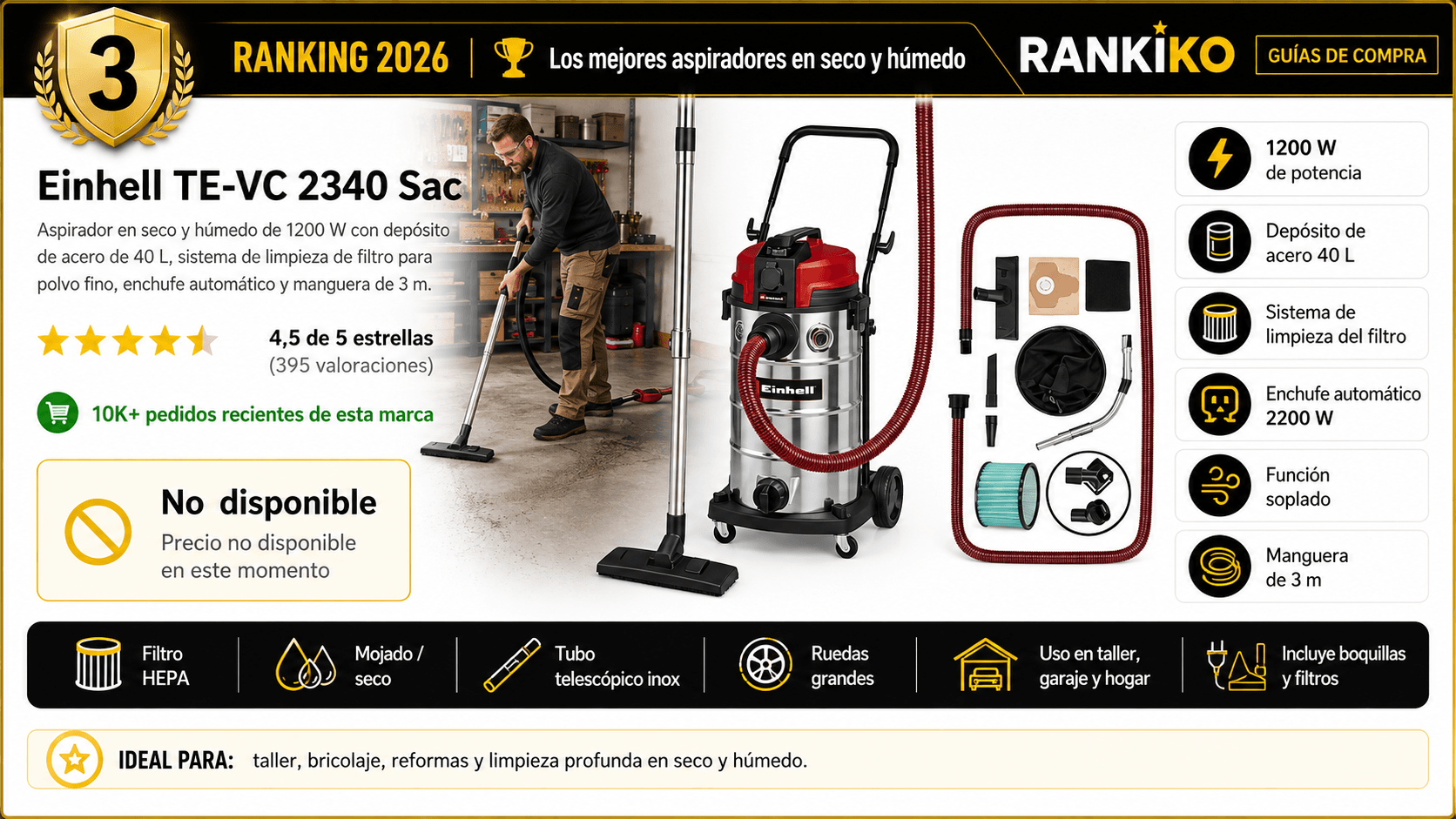 Einhell TE-VC 2340 SAC, mejor gran capacidad en la comparativa de los mejores aspiradores en seco y húmedo para taller de 2026 de Rankiko (Nota Rankiko 9,1).
