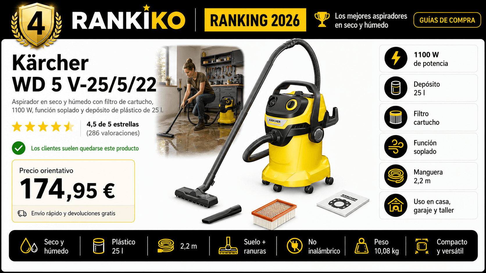 Kärcher WD 5 V-25/5/22, mejor 25 l versátil en la comparativa de los mejores aspiradores en seco y húmedo para taller de 2026 de Rankiko (Nota Rankiko 9,0).