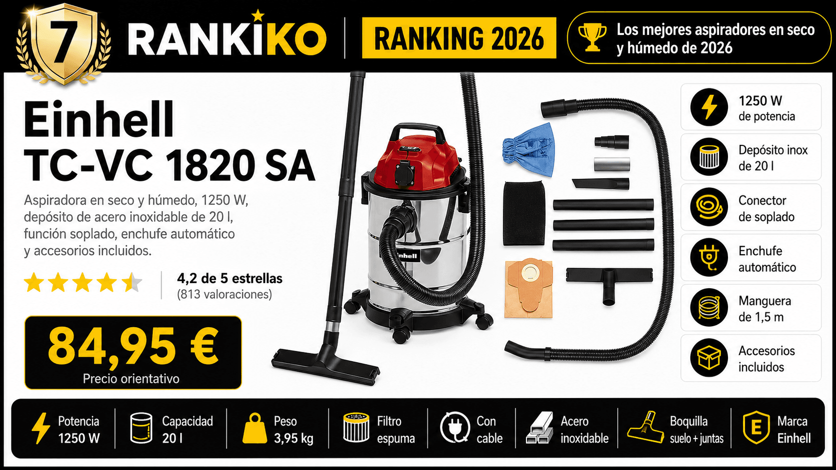 Einhell TC-VC 1820 S, mejor económico inox en la comparativa de los mejores aspiradores en seco y húmedo para taller de 2026 de Rankiko (Nota Rankiko 8,6).