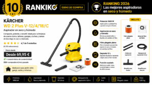Kärcher WD 2 Plus V-12/4/18/C, mejor básico para coche en la comparativa de los mejores aspiradores en seco y húmedo para taller de 2026 de Rankiko (Nota Rankiko 8,1).