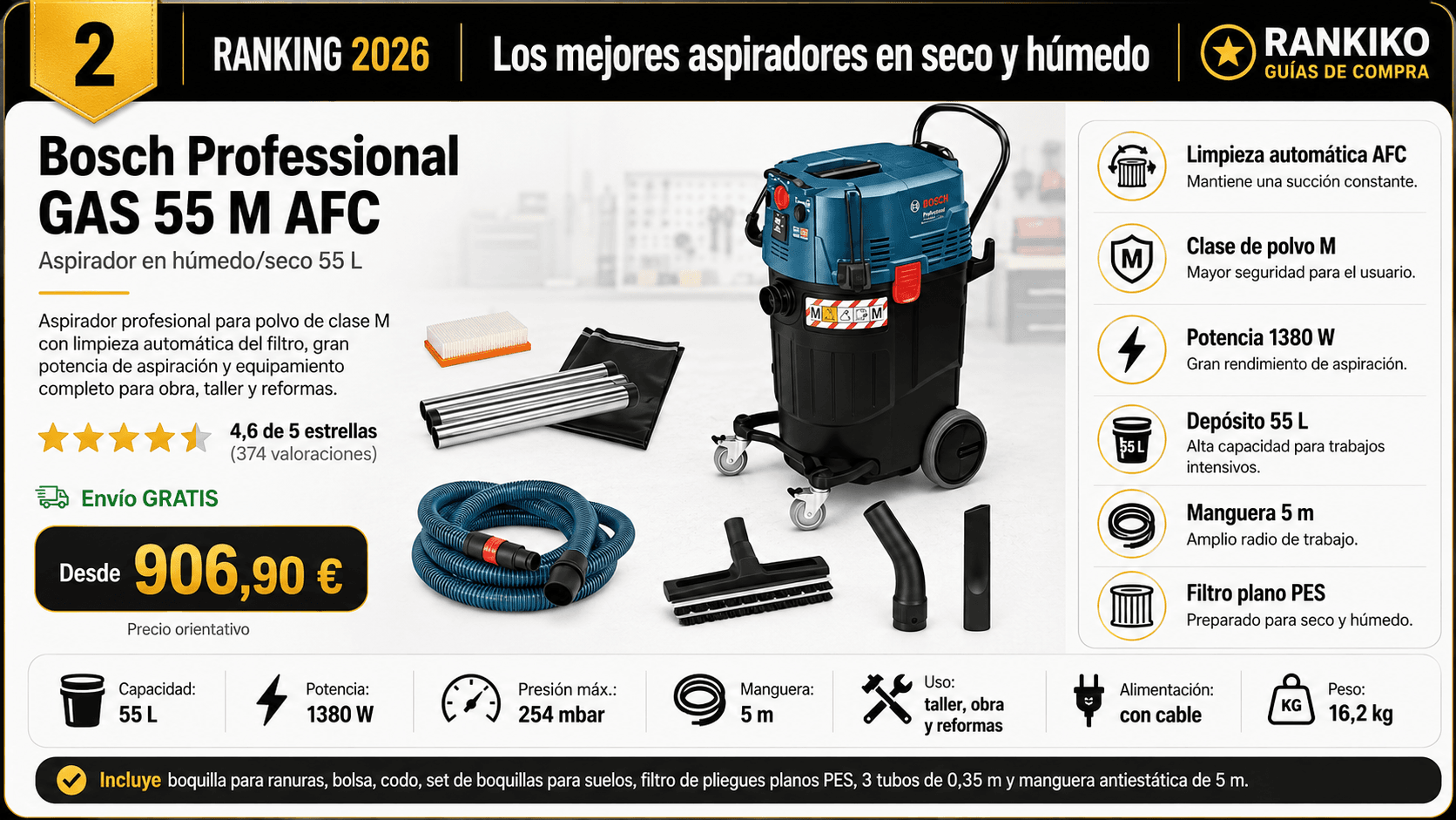 Bosch Professional GAS 25 L SFC, mejor profesional (clase l) en la comparativa de los mejores aspiradores en seco y húmedo para taller de 2026 de Rankiko (Nota Rankiko 9,3).