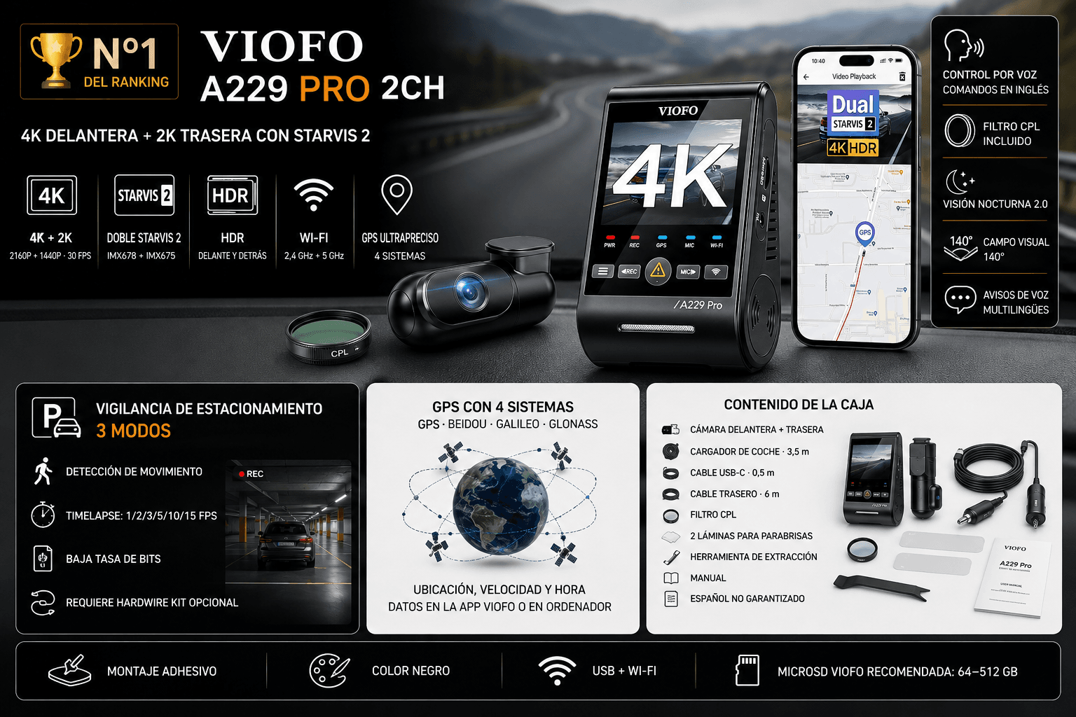 VIOFO A229 Pro (2CH) 4K+2K - producto del ranking de mejores dashcams 2026