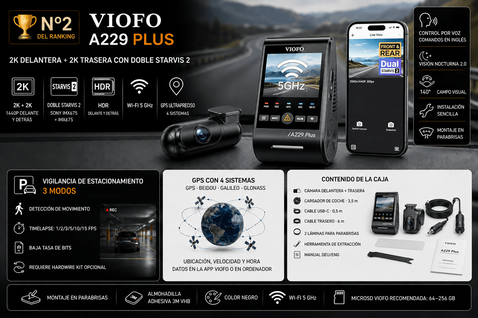 VIOFO A229 Plus (2CH) 2K+2K - producto del ranking de mejores dashcams 2026