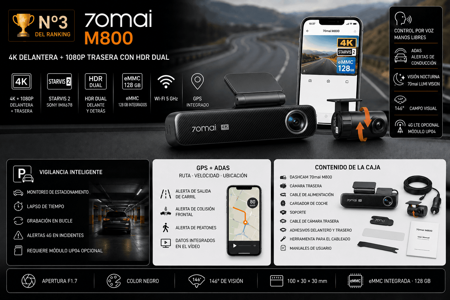 70mai Dash Cam M800 4K (del.+tras.) - producto del ranking de mejores dashcams 2026